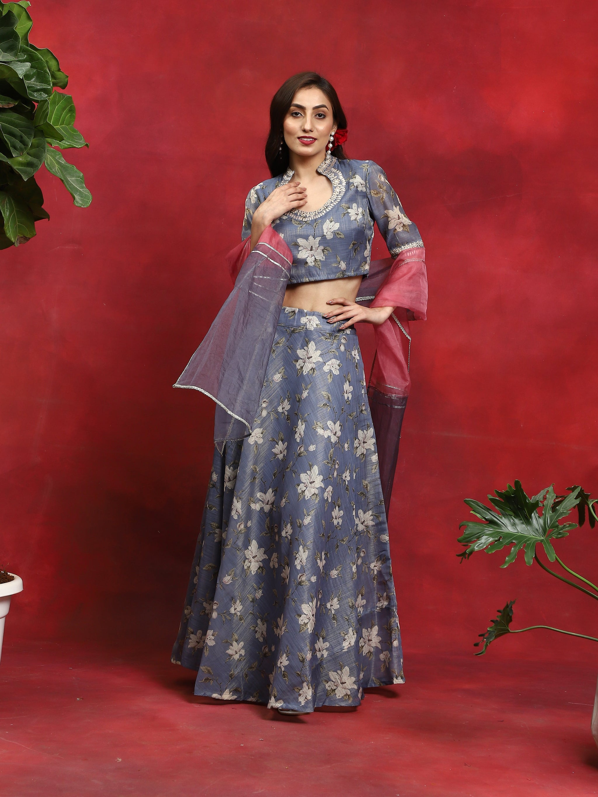 Grey Floral Print Lehenga Choli With Dupatta - Elganza