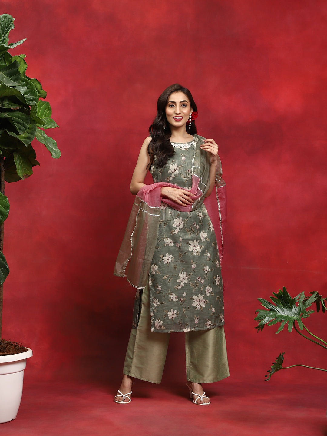 Green Floral Print Kurta Palazzo With Dupatta - Elganza