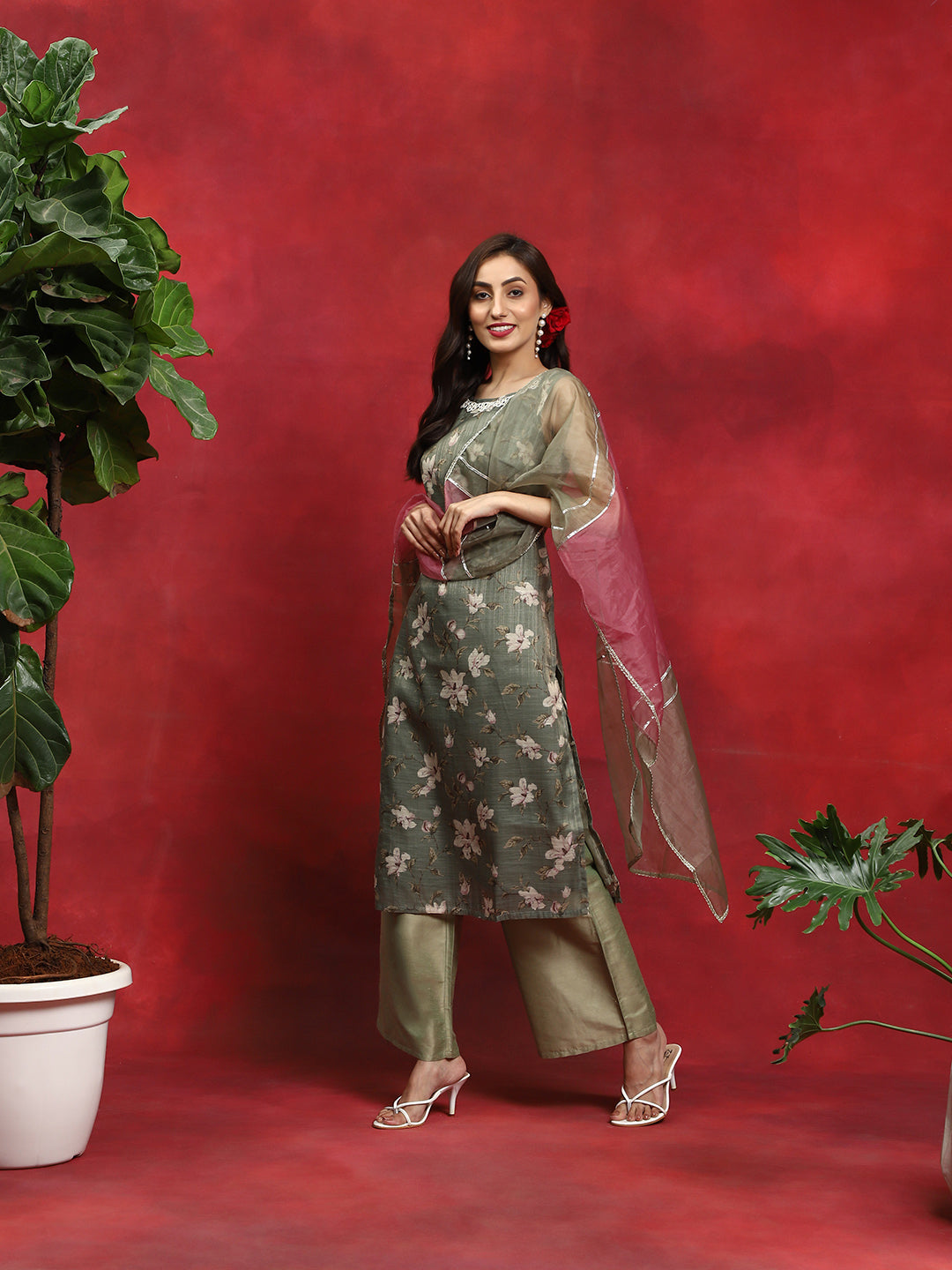 Green Floral Print Kurta Palazzo With Dupatta - Elganza