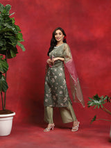 Green Floral Print Kurta Palazzo With Dupatta - Elganza