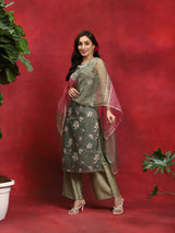 Green Floral Print Kurta Palazzo With Dupatta - Elganza