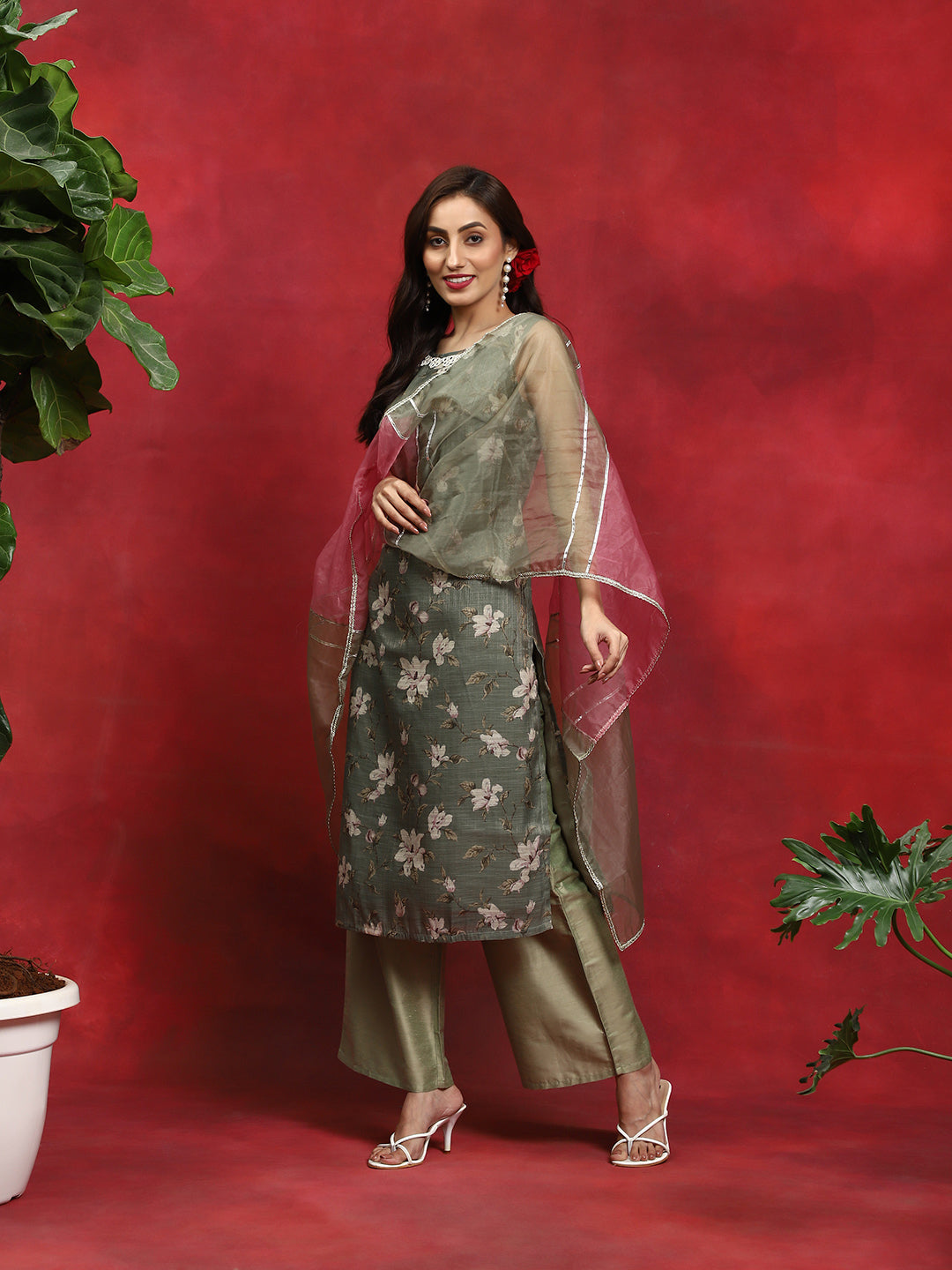 Green Floral Print Kurta Palazzo With Dupatta - Elganza