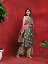Green Floral Print Kurta Palazzo With Dupatta - Elganza