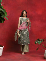 Green Floral Print Kurta Palazzo With Dupatta - Elganza