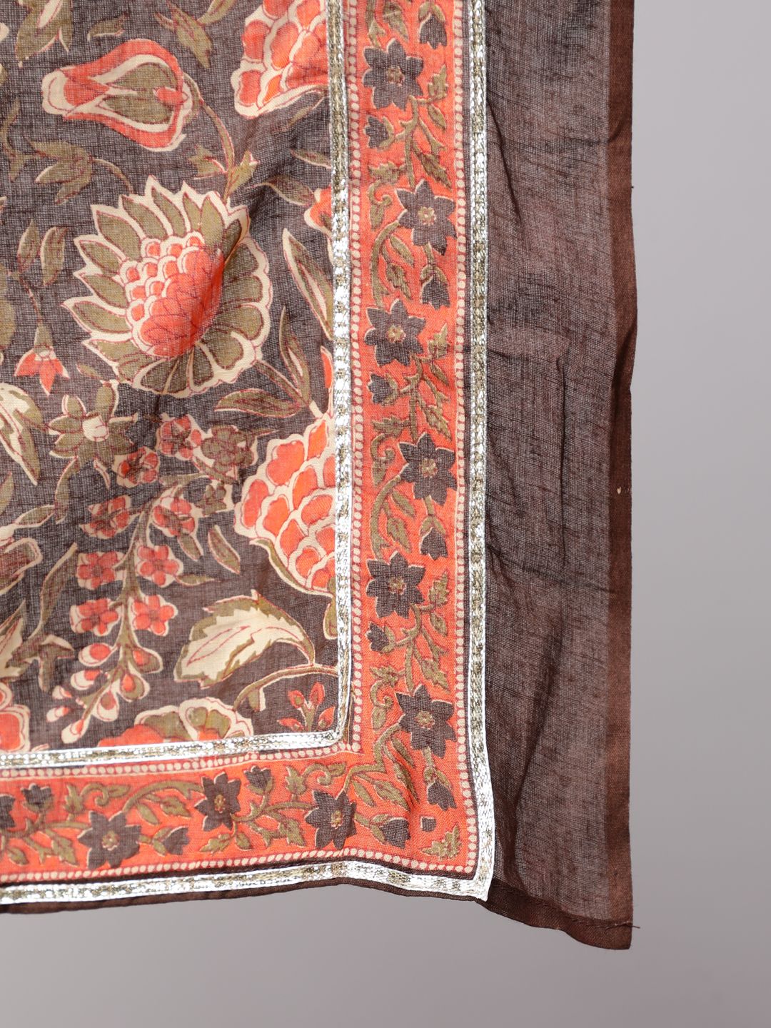 Brown Floral Print Anarkali With Dupatta