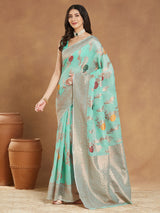 Women's Sea Blue Linen Blend Floral Woven Design Jacquard Saree with Blouse Piece