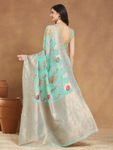 Women's Sea Blue Linen Blend Floral Woven Design Jacquard Saree with Blouse Piece