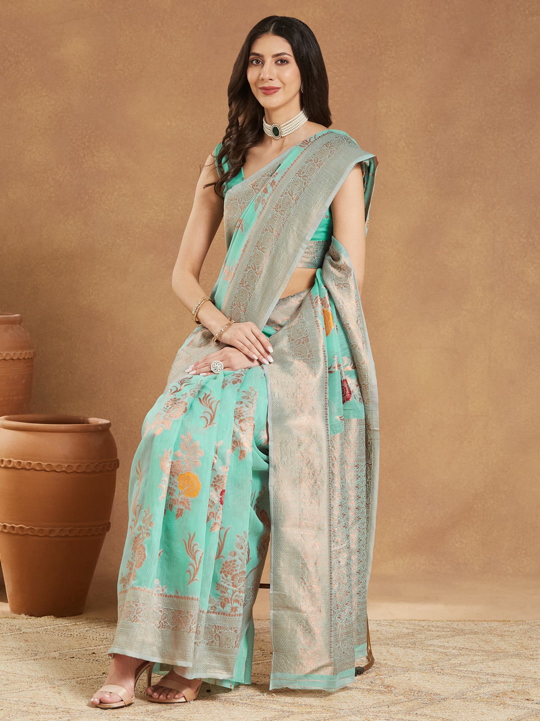 Women's Sea Blue Linen Blend Floral Woven Design Jacquard Saree with Blouse Piece