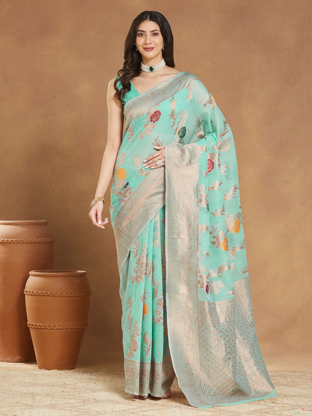 Women's Sea Blue Linen Blend Floral Woven Design Jacquard Saree with Blouse Piece