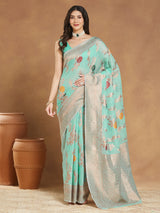 Women's Sea Blue Linen Blend Floral Woven Design Jacquard Saree with Blouse Piece