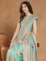 Women's Sea Blue Linen Blend Floral Woven Design Jacquard Saree with Blouse Piece