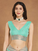 Women's Sea Blue Linen Blend Floral Woven Design Jacquard Saree with Blouse Piece