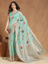 Women's Sea Blue Linen Blend Floral Woven Design Jacquard Saree with Blouse Piece