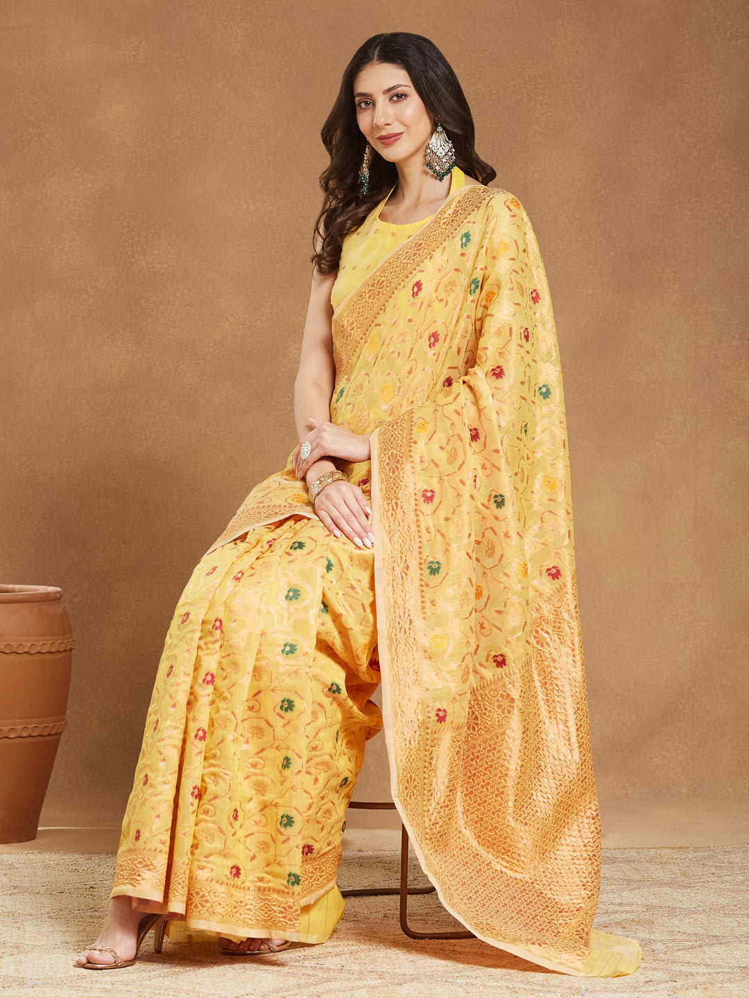 Women's Yellow Linen Blend Patola Woven Design Jacquard Saree with Blouse Piece