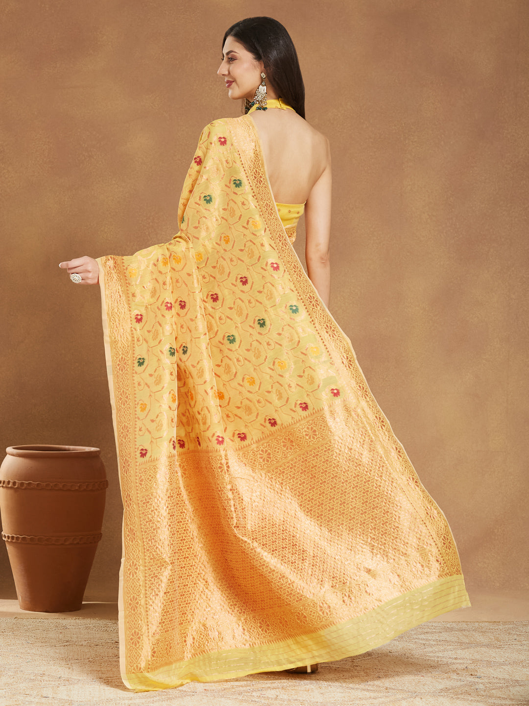 Women's Yellow Linen Blend Patola Woven Design Jacquard Saree with Blouse Piece