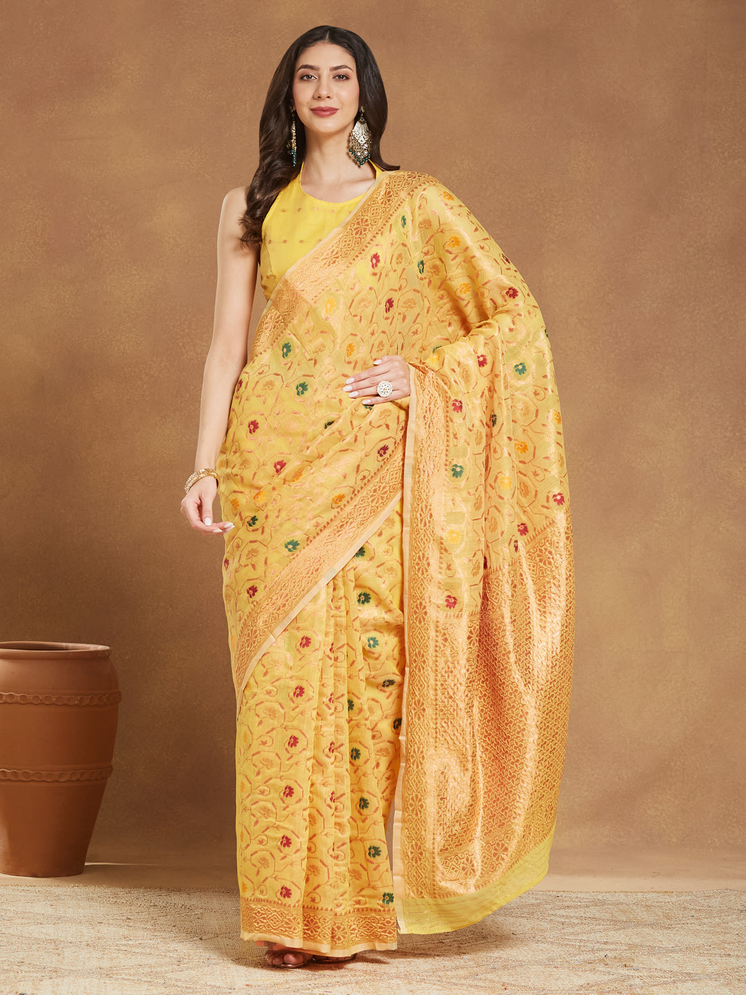 Women's Yellow Linen Blend Patola Woven Design Jacquard Saree with Blouse Piece