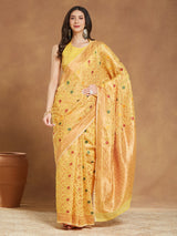Women's Yellow Linen Blend Patola Woven Design Jacquard Saree with Blouse Piece