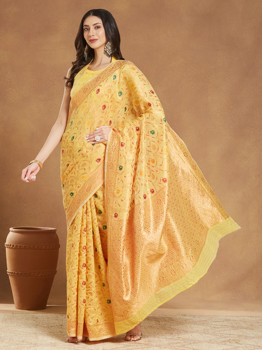 Women's Yellow Linen Blend Patola Woven Design Jacquard Saree with Blouse Piece