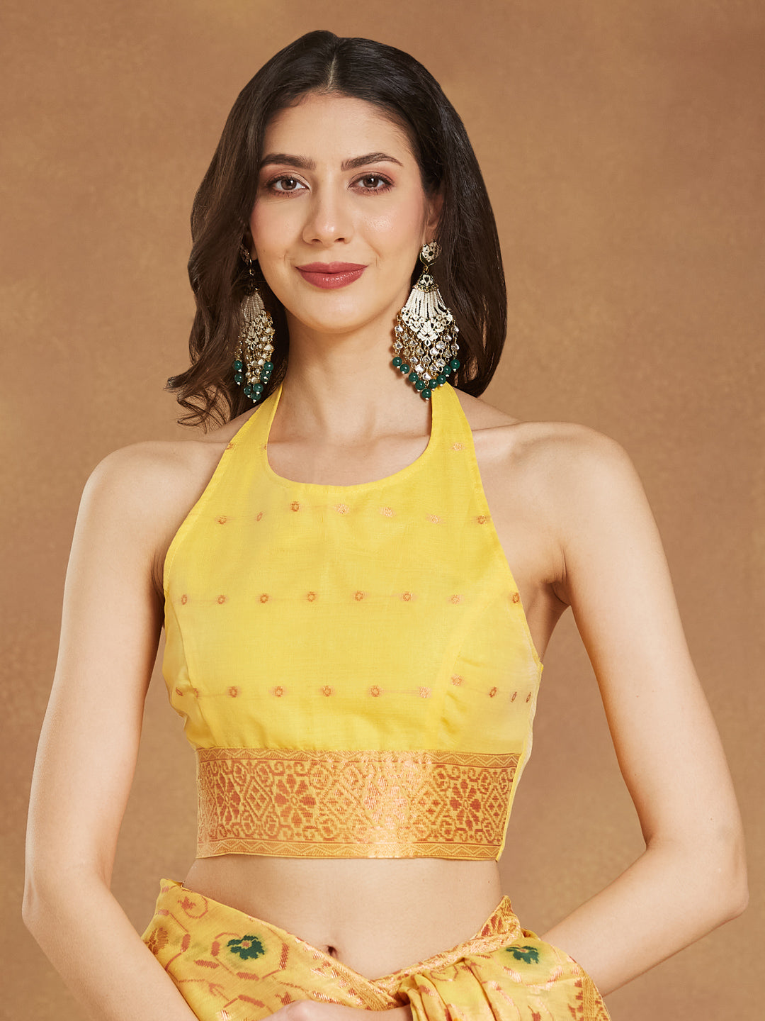 Women's Yellow Linen Blend Patola Woven Design Jacquard Saree with Blouse Piece