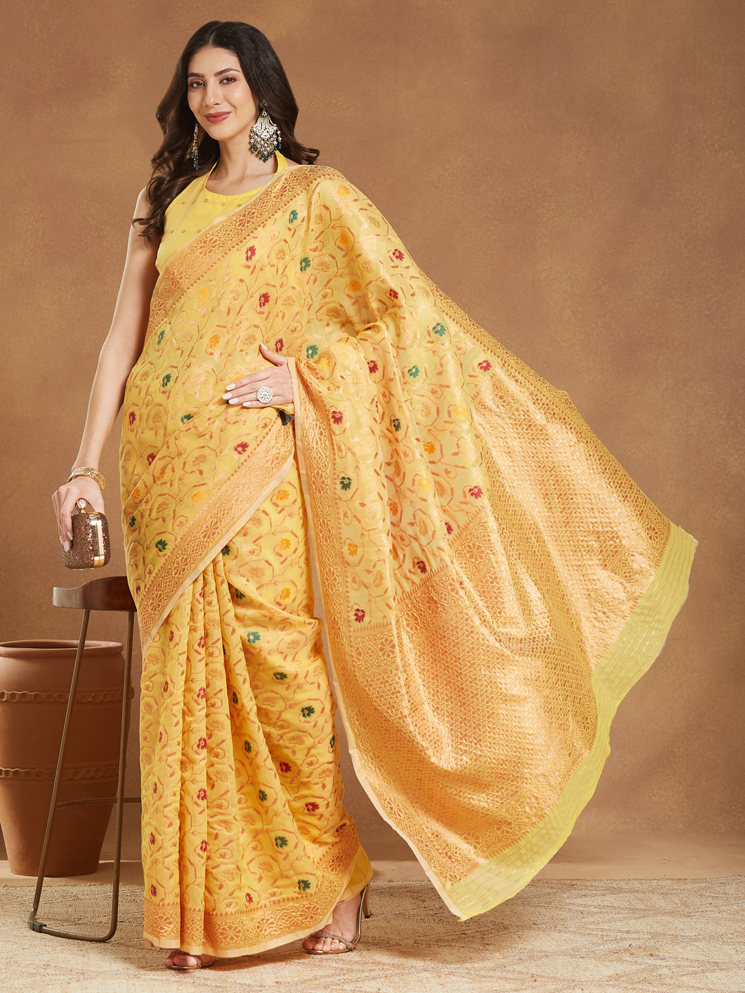 Women's Yellow Linen Blend Patola Woven Design Jacquard Saree with Blouse Piece
