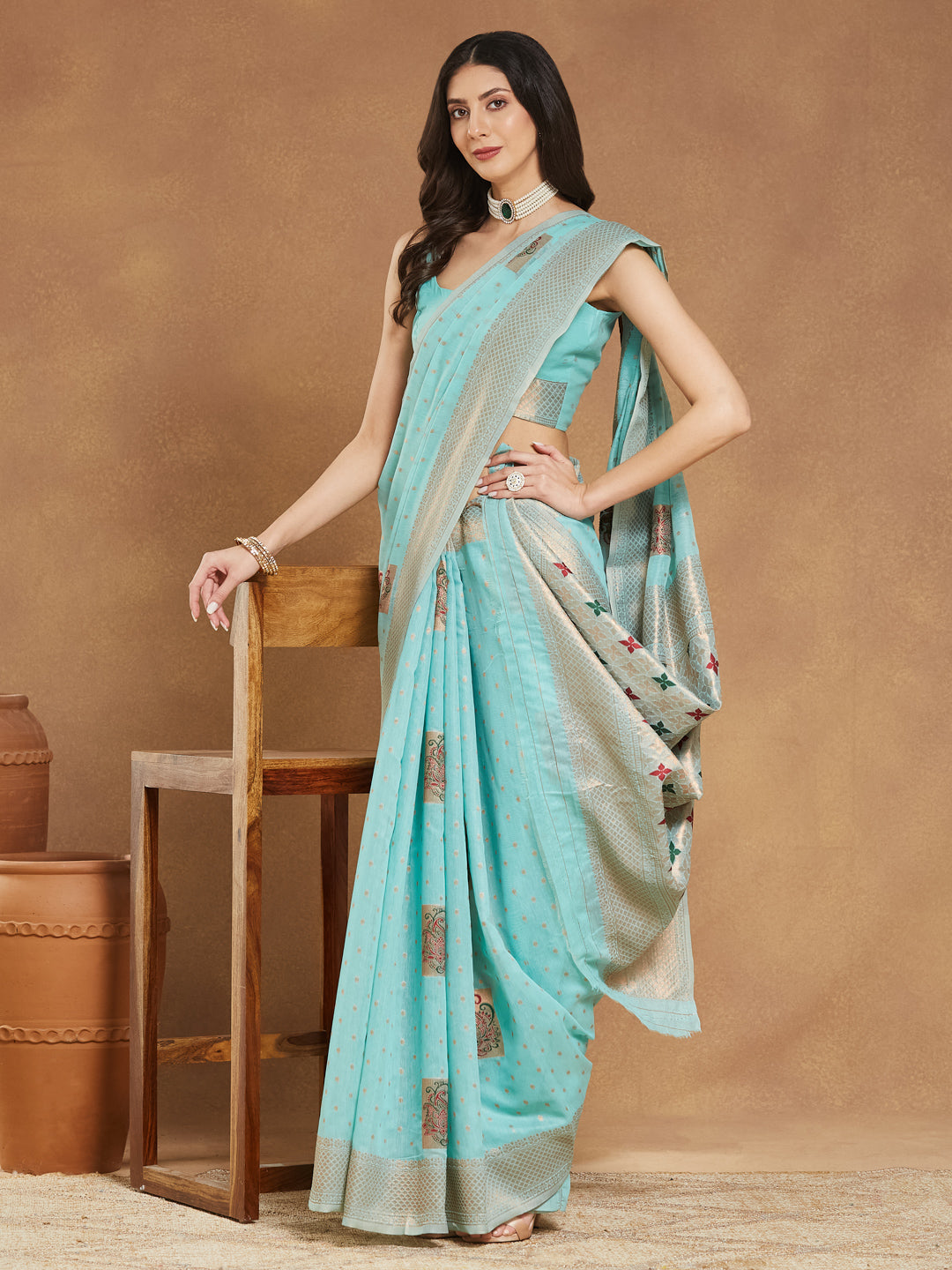 Women's Sea Green Linen Blend Ethnic Motifs Woven Design Jacquard Saree with Blouse Piece