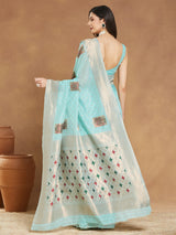 Women's Sea Green Linen Blend Ethnic Motifs Woven Design Jacquard Saree with Blouse Piece