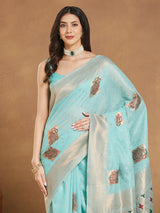 Women's Sea Green Linen Blend Ethnic Motifs Woven Design Jacquard Saree with Blouse Piece