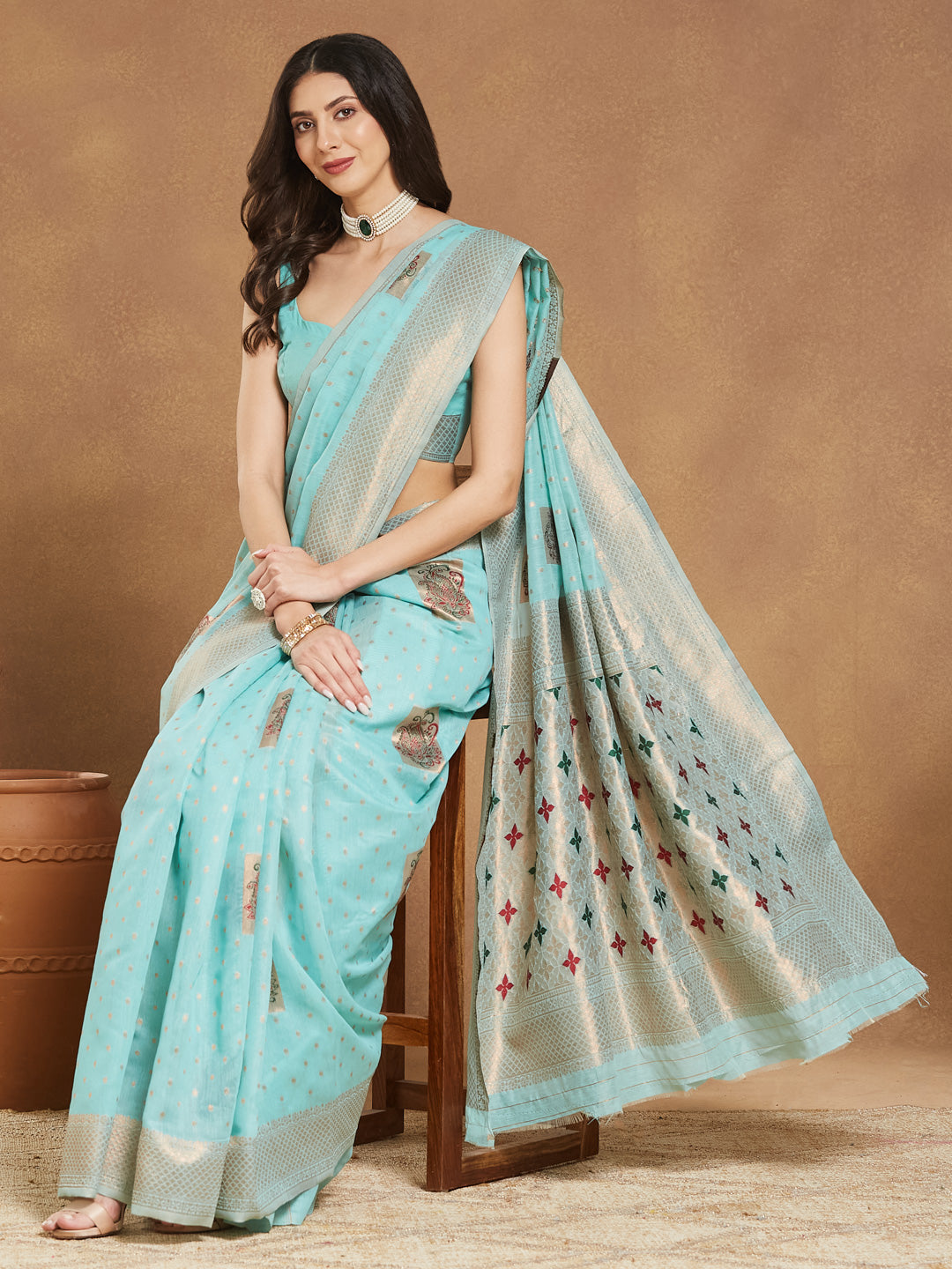 Women's Sea Green Linen Blend Ethnic Motifs Woven Design Jacquard Saree with Blouse Piece