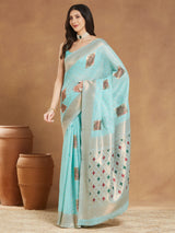 Women's Sea Green Linen Blend Ethnic Motifs Woven Design Jacquard Saree with Blouse Piece