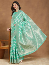 Women's Sea Green Linen Blend Geometric Woven Design Jacquard Saree with Blouse Piece