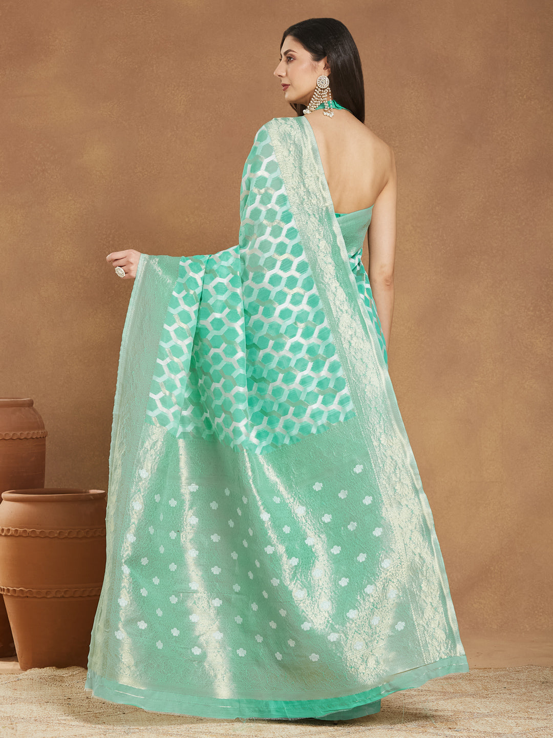 Women's Sea Green Linen Blend Geometric Woven Design Jacquard Saree with Blouse Piece