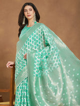 Women's Sea Green Linen Blend Geometric Woven Design Jacquard Saree with Blouse Piece