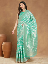 Women's Sea Green Linen Blend Geometric Woven Design Jacquard Saree with Blouse Piece