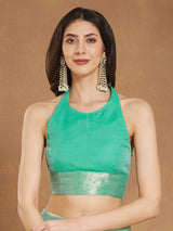 Women's Sea Green Linen Blend Geometric Woven Design Jacquard Saree with Blouse Piece