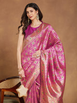 Women's Pink Silk Blend Ethnic Motifs Woven Design Jacquard Saree with Blouse Piece