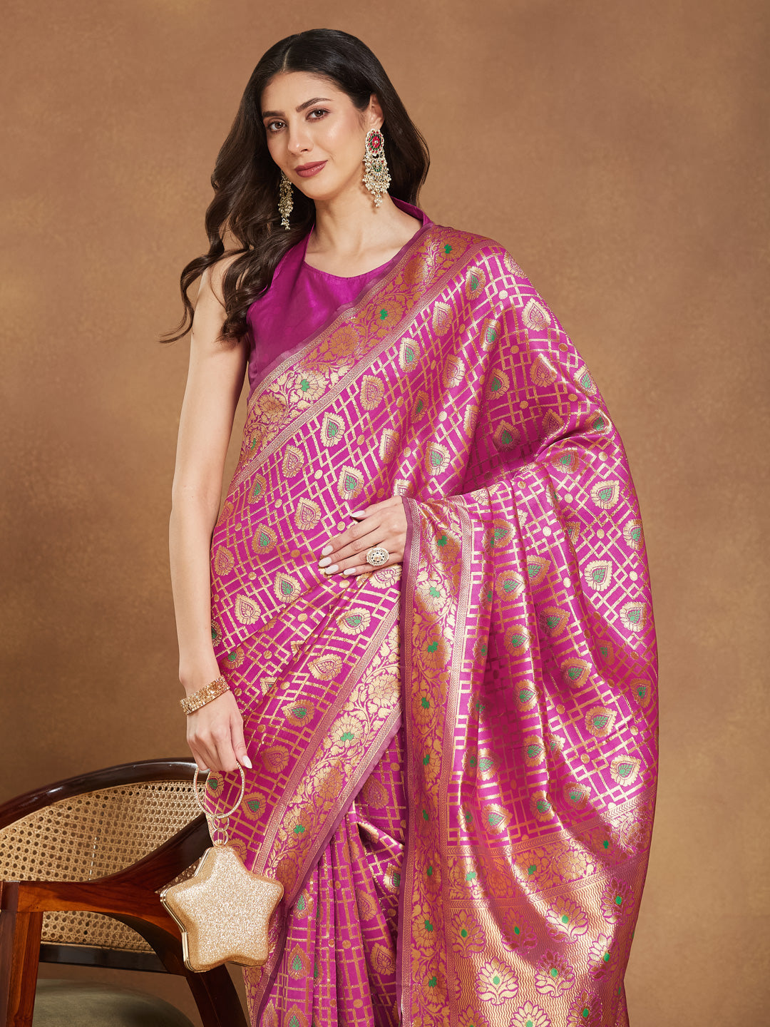 Women's Pink Silk Blend Ethnic Motifs Woven Design Jacquard Saree with Blouse Piece