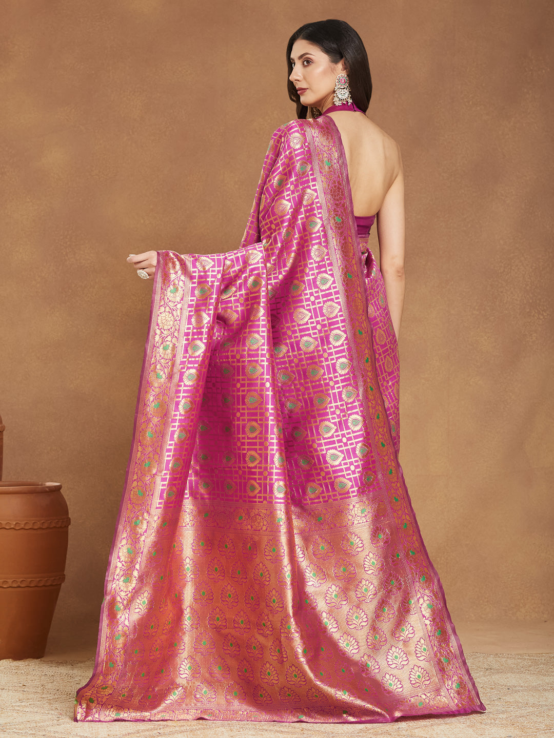 Women's Pink Silk Blend Ethnic Motifs Woven Design Jacquard Saree with Blouse Piece