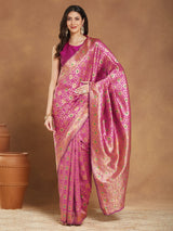 Women's Pink Silk Blend Ethnic Motifs Woven Design Jacquard Saree with Blouse Piece