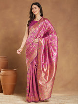 Women's Pink Silk Blend Ethnic Motifs Woven Design Jacquard Saree with Blouse Piece