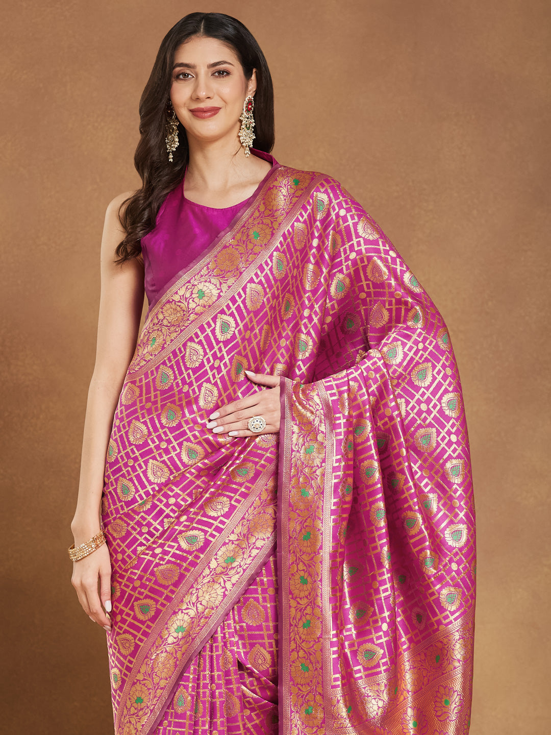 Women's Pink Silk Blend Ethnic Motifs Woven Design Jacquard Saree with Blouse Piece