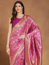 Women's Pink Silk Blend Ethnic Motifs Woven Design Jacquard Saree with Blouse Piece