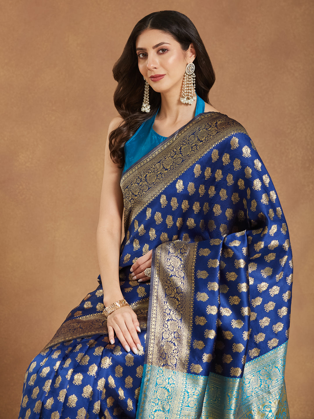 Women's Blue Silk Blend Ethnic Motifs Woven Design Banarasi Jacquard Saree with Blouse Piece