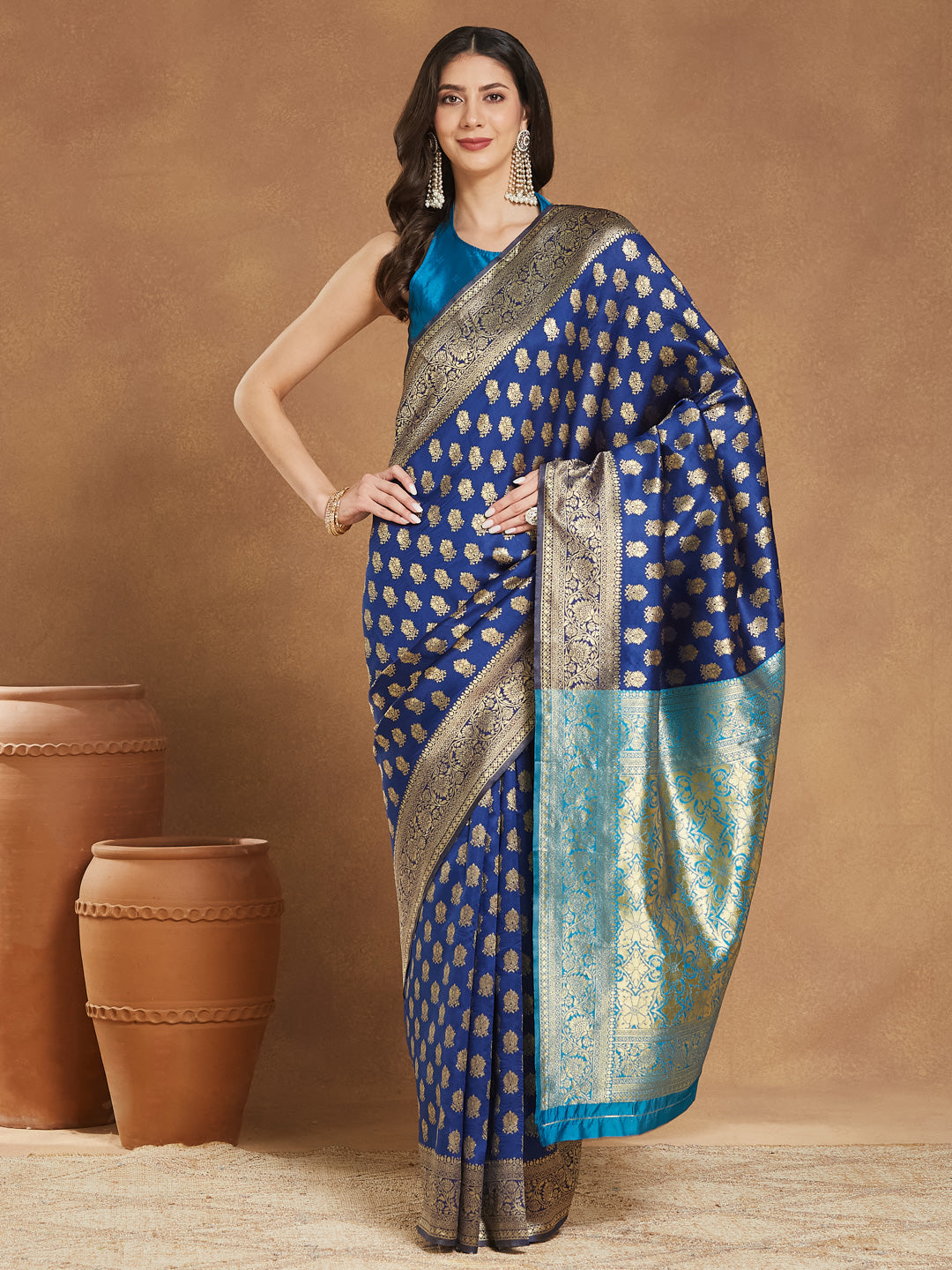 Women's Blue Silk Blend Ethnic Motifs Woven Design Banarasi Jacquard Saree with Blouse Piece