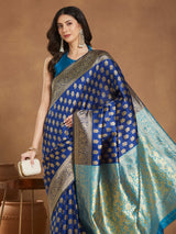 Women's Blue Silk Blend Ethnic Motifs Woven Design Banarasi Jacquard Saree with Blouse Piece
