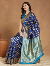 Women's Blue Silk Blend Ethnic Motifs Woven Design Banarasi Jacquard Saree with Blouse Piece