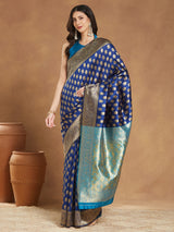 Women's Blue Silk Blend Ethnic Motifs Woven Design Banarasi Jacquard Saree with Blouse Piece