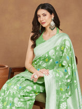 Women's Light Green Silk Blend Floral Woven Design Jacquard Saree with Blouse Piece