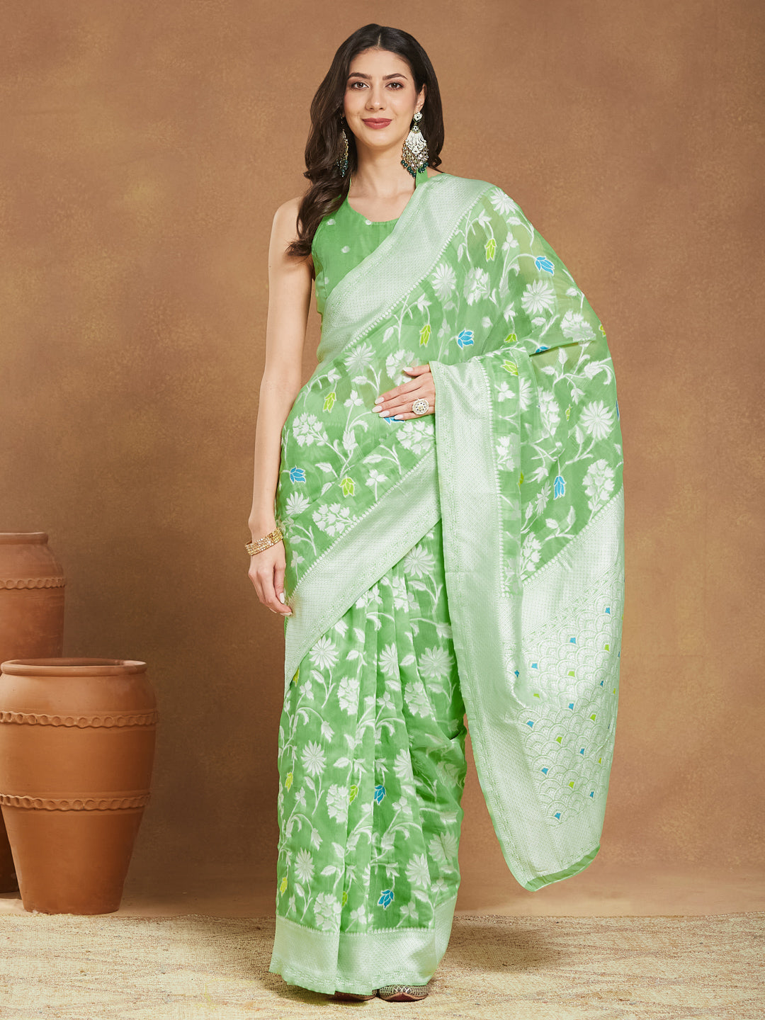 Women's Light Green Silk Blend Floral Woven Design Jacquard Saree with Blouse Piece