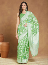Women's Light Green Silk Blend Floral Woven Design Jacquard Saree with Blouse Piece