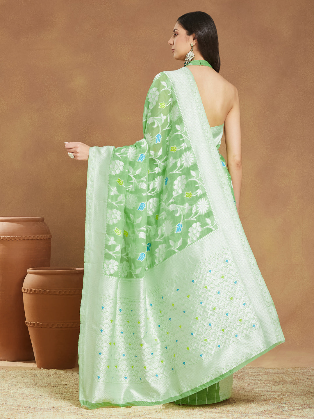 Women's Light Green Silk Blend Floral Woven Design Jacquard Saree with Blouse Piece